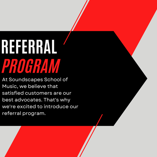 Referral program announcement: Red and black text on a gray background. Text reads 