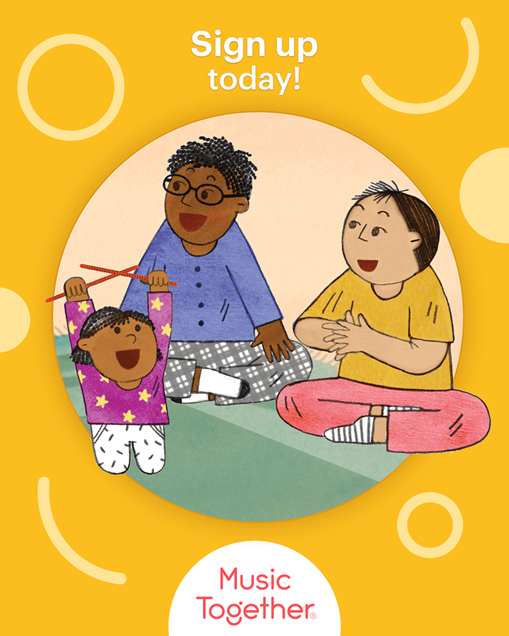 Three children and adult sit together, singing. Yellow background with 