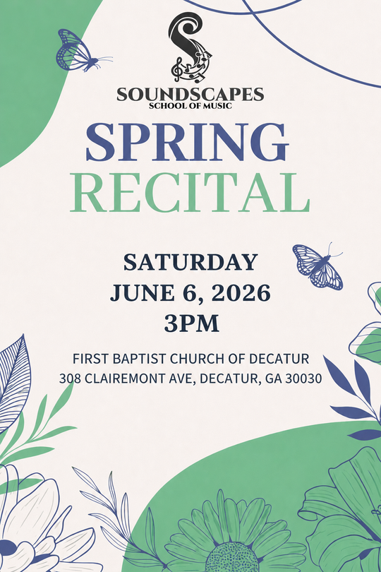 Spring Recital poster with floral border, butterflies, and event details for June 6, 2026 at 3 PM in Decatur. Spring Recital poster with floral border, butterflies, and event details for June 6, 2026 at 3 PM in Decatur.