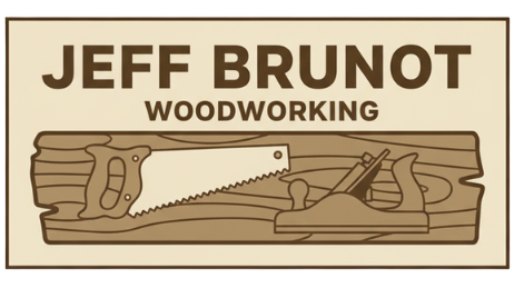 Logo for Jeff Brunot Woodworking with text, saw, and plane on a wooden plank.