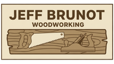 Logo for Jeff Brunot Woodworking with text, saw, and plane on a wooden plank.