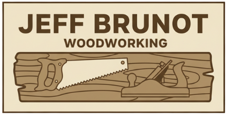 Jeff Brunot Woodworking logo: Name above woodworking tools illustration on wood grain background.