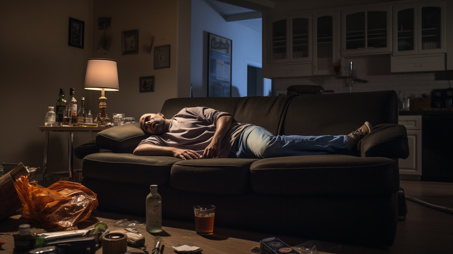 A man is laying on a couch in a messy living room.