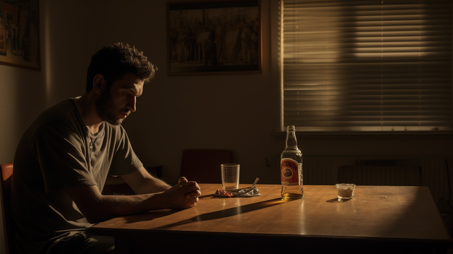 A man is sitting at a table with a bottle of alcohol and a glass.