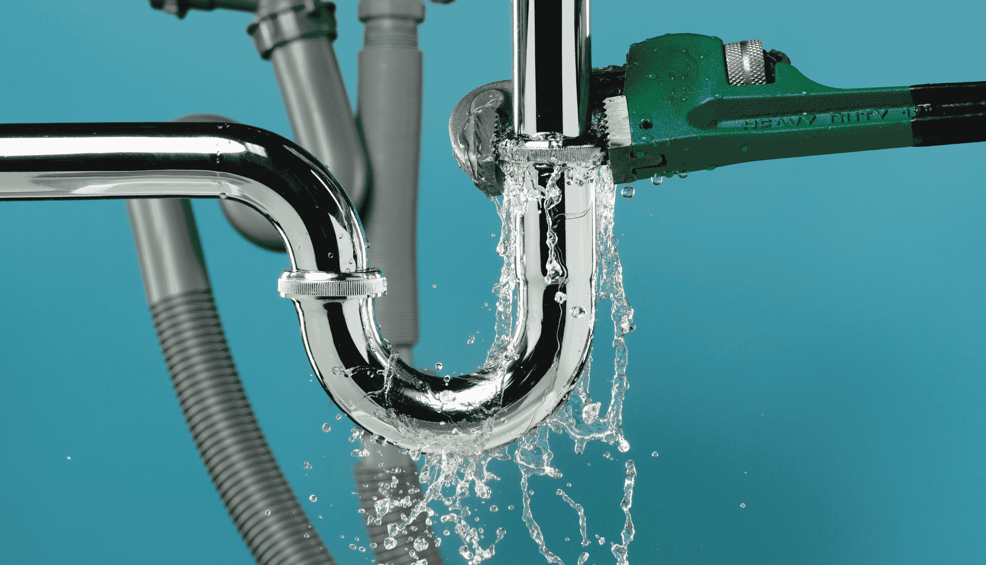 Leaking chrome plumbing pipes with a wrench, water spraying, blue background.