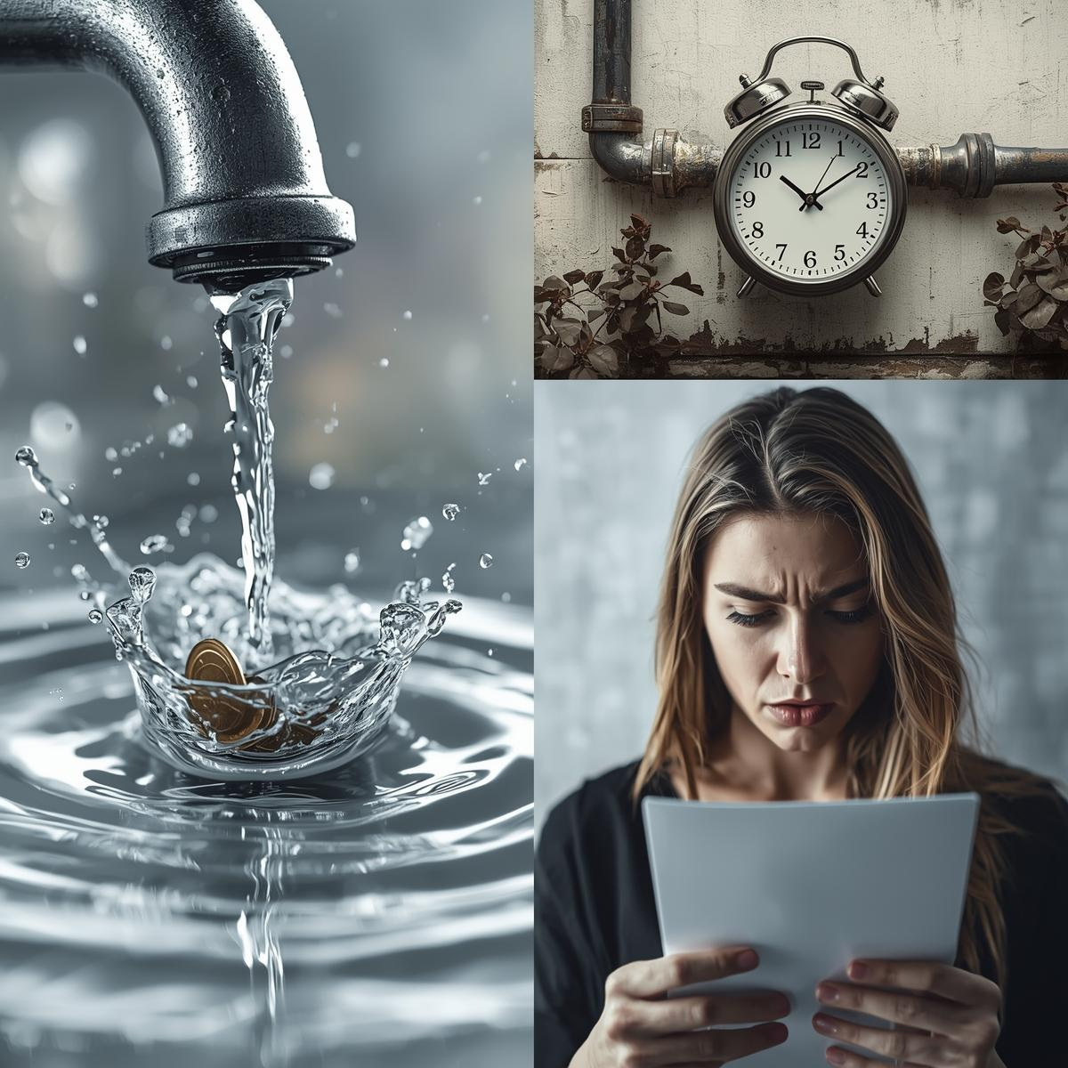 Top left: Water pouring from a faucet onto a coin, creating a splash. 
Top right: An alarm clock on a wall with pipes.
Bottom left: A woman reading a paper with a concerned expression.