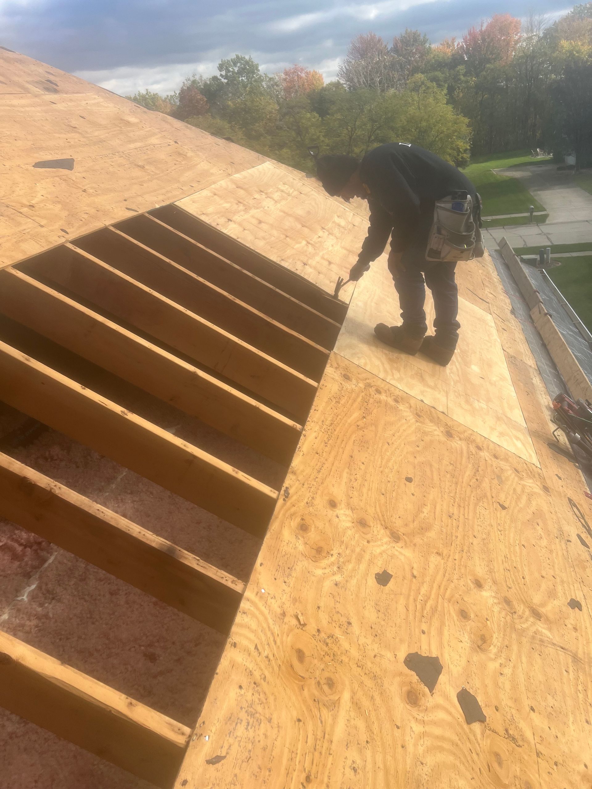Construction worker on a roof nailing boards. Wooden roof beams and plywood visible with trees in the background.