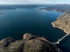 A drone view of water levels at the Bidwell Bar Bridge located at Lake Oroville in Butte County, California. On this date, the water storage was 2,707,699 acre-feet (AF), 77 percent of the total capacity. Photo taken January 30, 2024.Picture