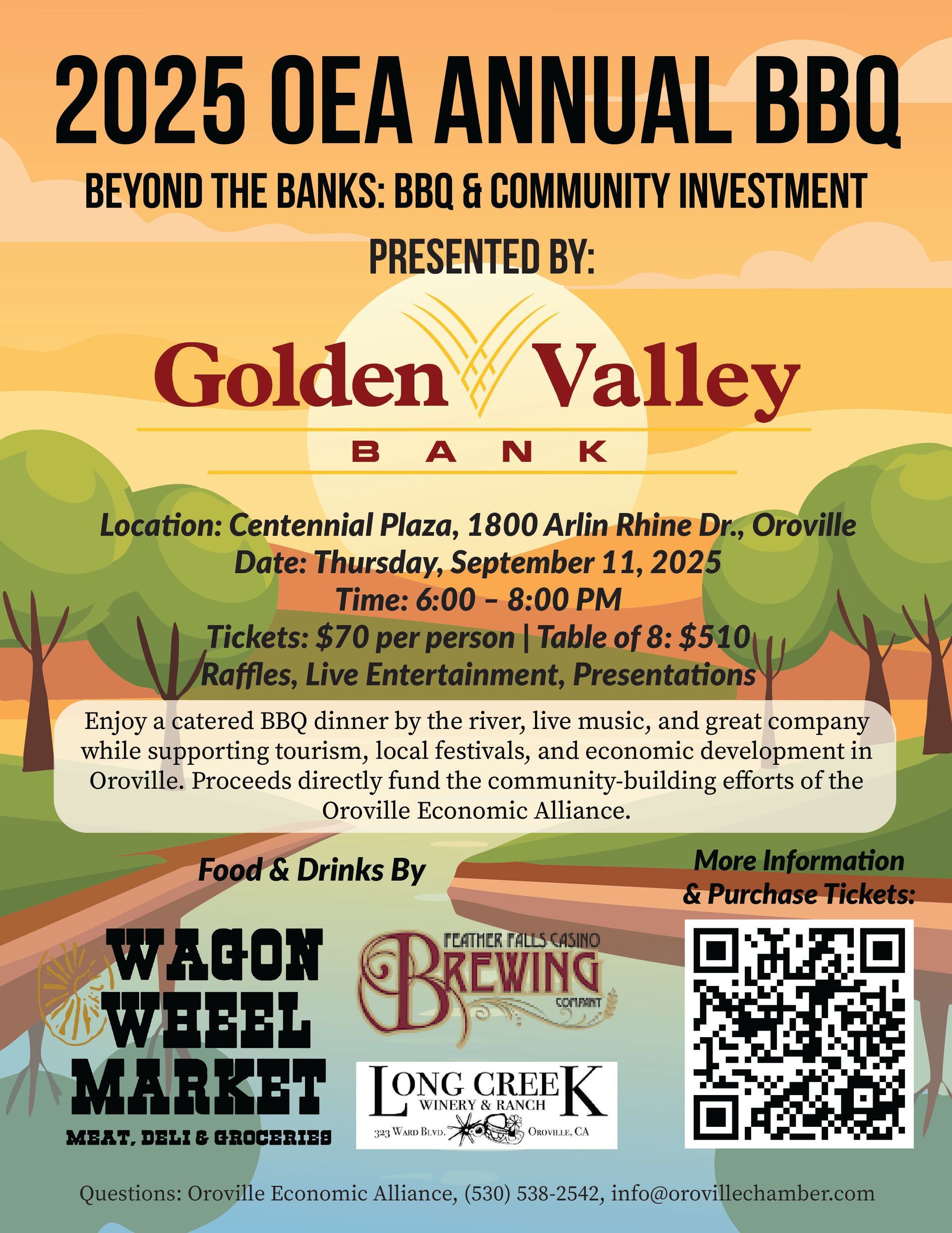 Flyer for the 2025 OEA Annual BBQ, themed “Beyond the Banks: BBQ & Community Investment,” featuring event details, food and drink vendors, and a QR code for ticket purchases.