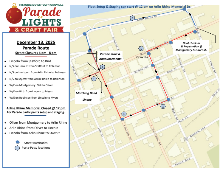 Map of the 2025 Parade of Lights & Craft Fair route in Downtown Oroville. The parade staging area begins on Arlin Rhine Memorial Drive, with the parade starting near Montgomery and Huntoon Streets. The route travels south on Huntoon, west on Bird Street, north on Myers Street, and west on Montgomery Street before ending near the Oroville Convention Center. Blue circles on the map indicate street barricades. Gray star icons mark portable toilet locations. Labels show float check-in at Montgomery and Oliver Streets, the marching band lineup area, and the parade start and announcements location.