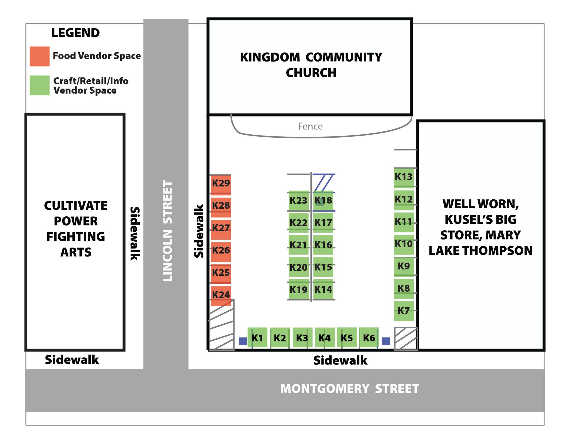 Map of the 2025 Parade of Lights Craft Fair vendor layout at Kingdom Community Church. Green squares indicate craft, retail, and informational vendor booths; red squares indicate food vendor booths. Booth rows labeled K1 through K29 are arranged around the church parking lot with sidewalks on Lincoln Street and Montgomery Street. Craft booths line the interior rows and the front sidewalk along Montgomery Street, while food booths line the left side near Lincoln Street. Surrounding buildings include Cultivate Power Fighting Arts on the left and Well Worn, Kusel’s Big Store, and Mary Lake Thompson on the right.