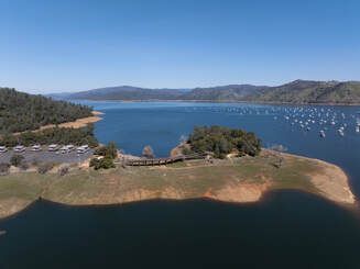 A drone view of the Historic Bidwell Bar Bridge and Lake Oroville in Butte County, California.  On this date, the water storage was 2,881,527 acre-feet (AF), 84 percent of the total capacity. Photo taken March 11, 2025.