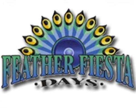 A logo for feather fiesta days with a peacock feather