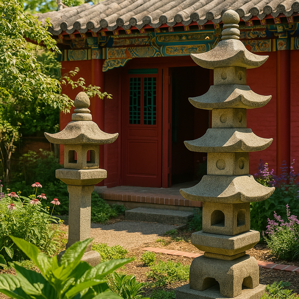 A traditional Chinese garden scene featuring two stone pagoda lanterns in front of a red building with ornate painted trim and a tiled roof.