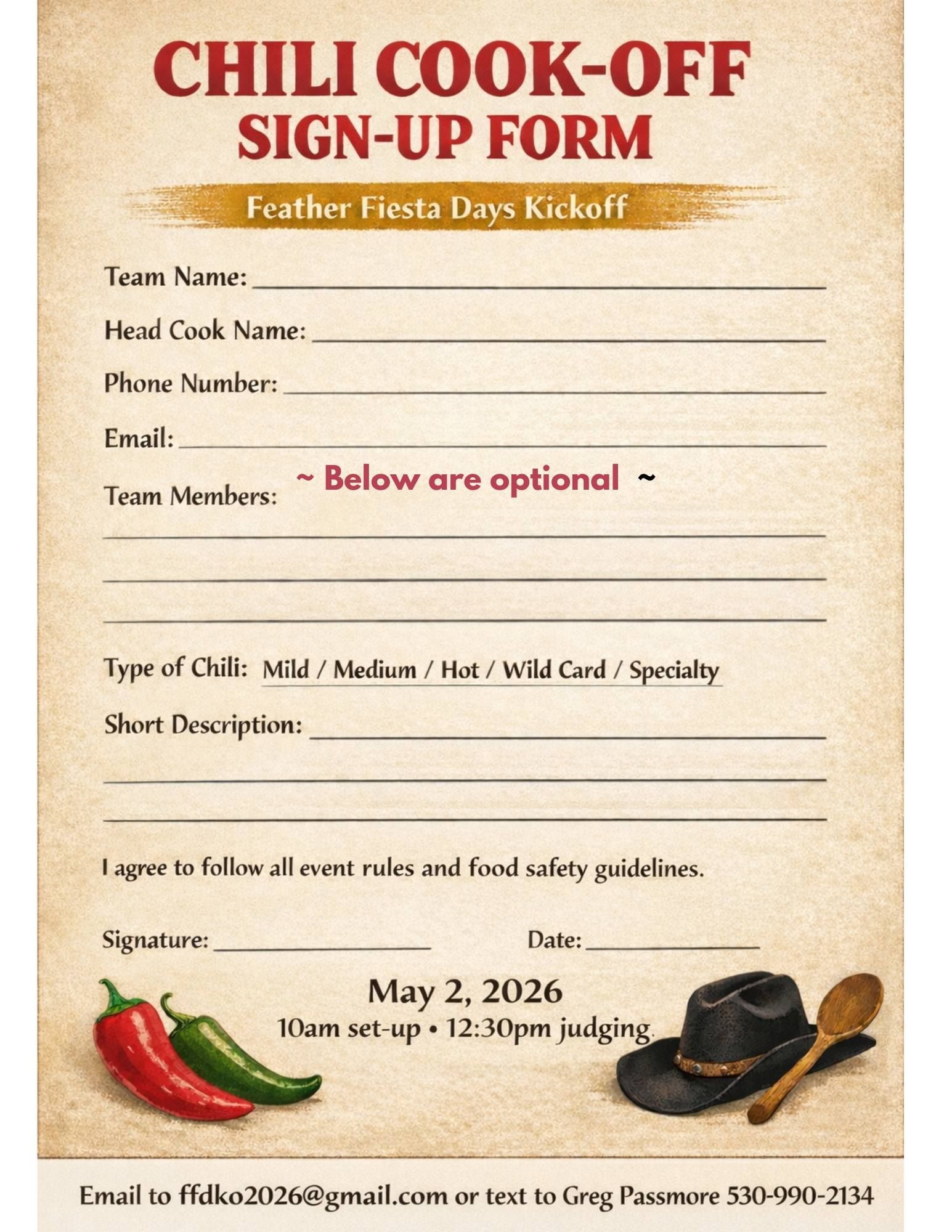 Feather Fiesta Days Kickoff Chili Cook-Off sign-up form for May 2, 2026 in Downtown Oroville, including fields for team name, contact information, chili type, and event details with setup at 10:00 AM and judging at 12:30 PM.