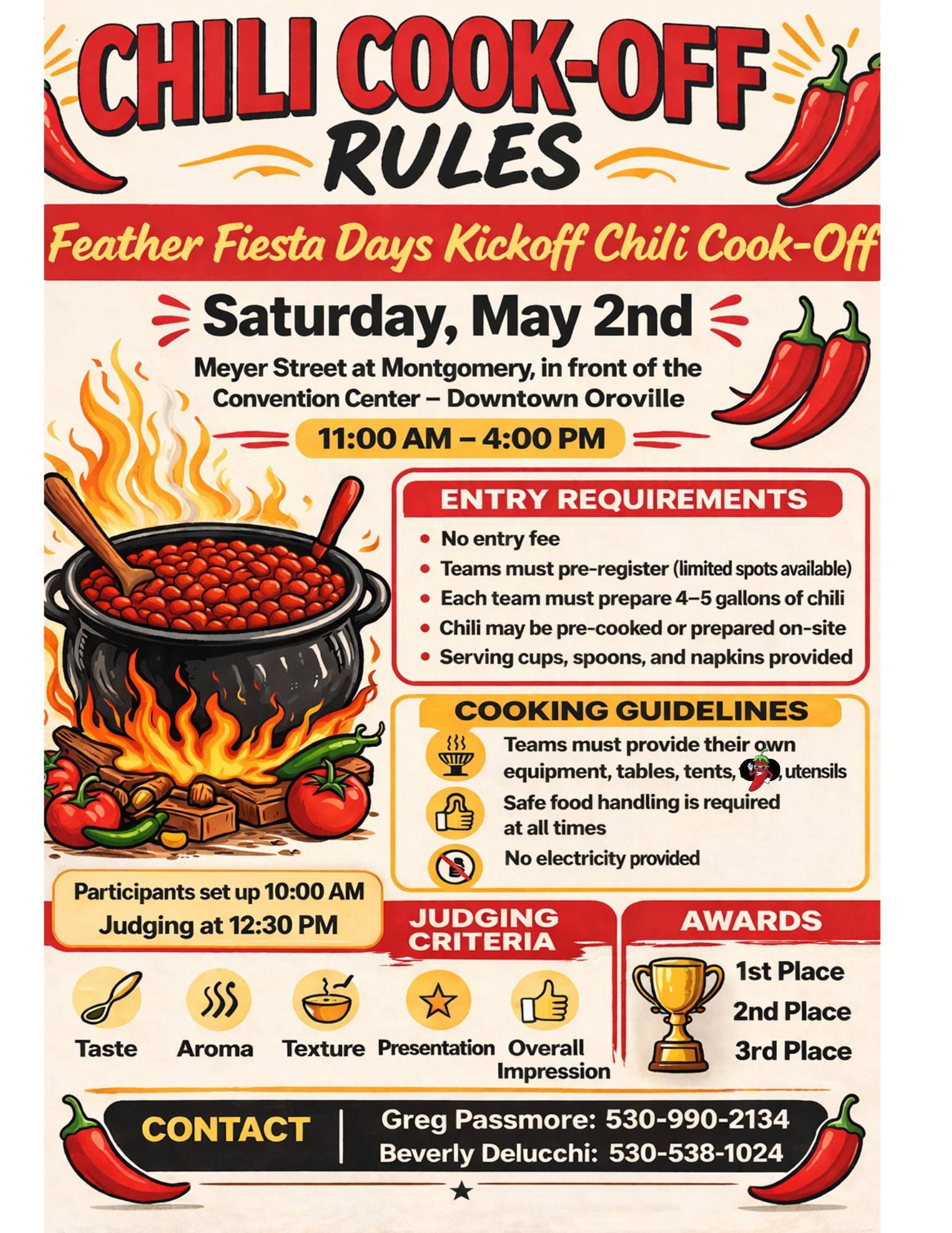 Feather Fiesta Days Kickoff Chili Cook-Off rules flyer showing event details for Saturday, May 2 in Downtown Oroville, including entry requirements, cooking guidelines, judging criteria, and contact information for participants.
