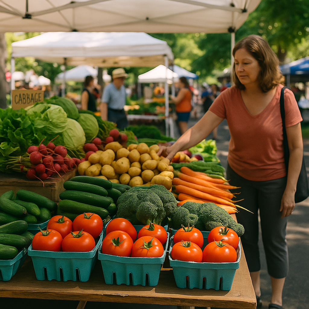 Market stall with tomatoes, cucumbers, broccoli, carrots, potatoes, and radishes as a woman selects fresh produce.