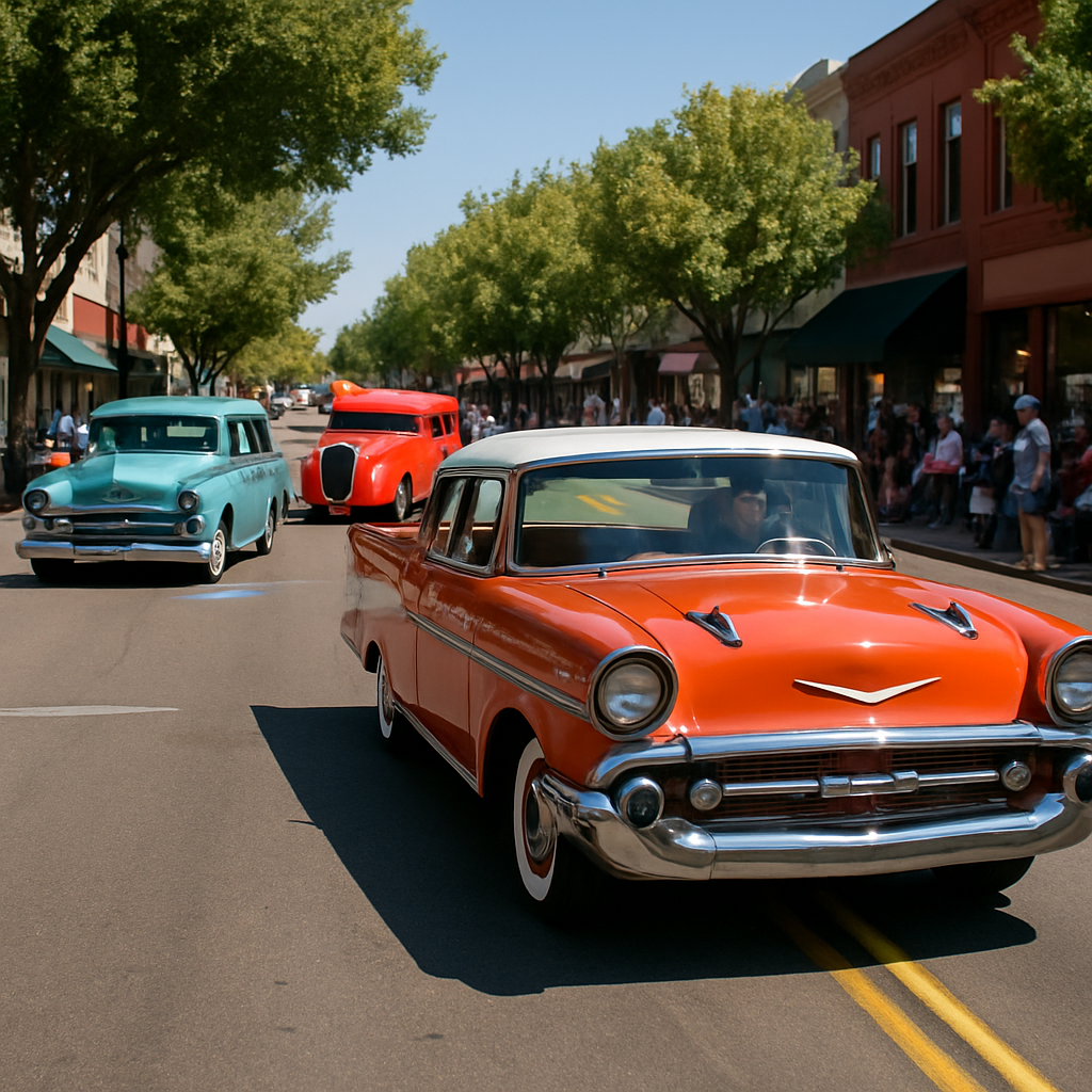 Classic cars driving through Historic Downtown Oroville during a community parade, representing Feather Fiesta Days and its hometown celebration.