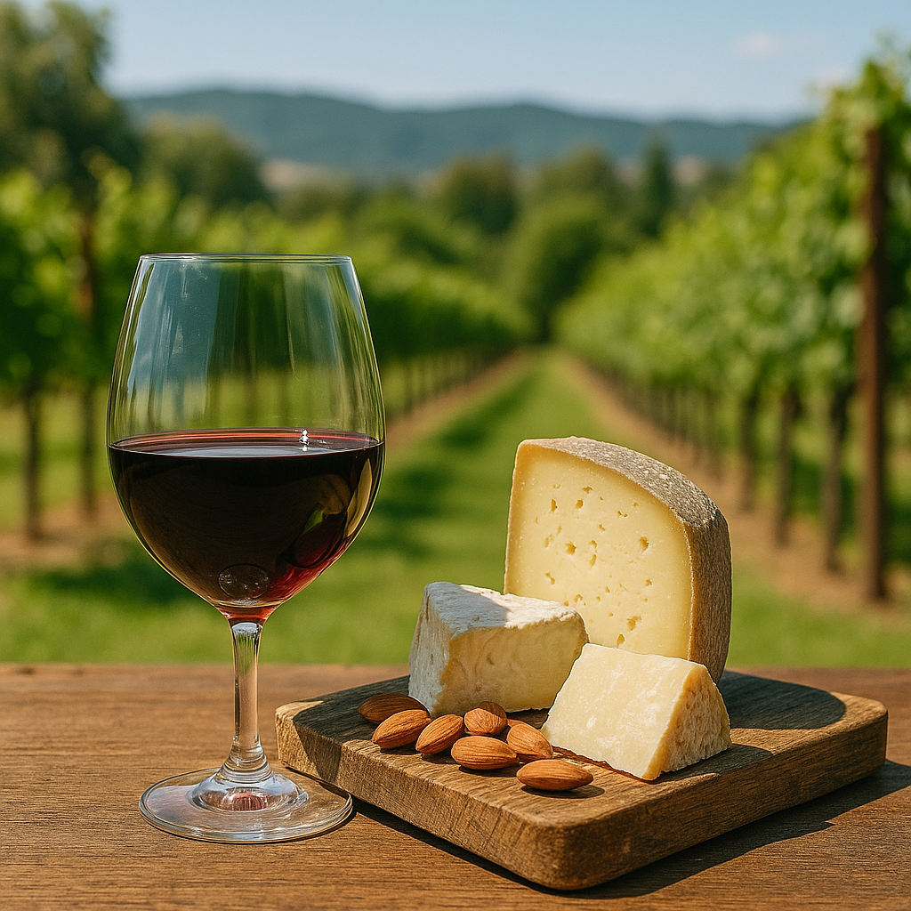 A glass of red wine and a wooden board with assorted cheeses and almonds, set on a rustic table overlooking a sunny vineyard.