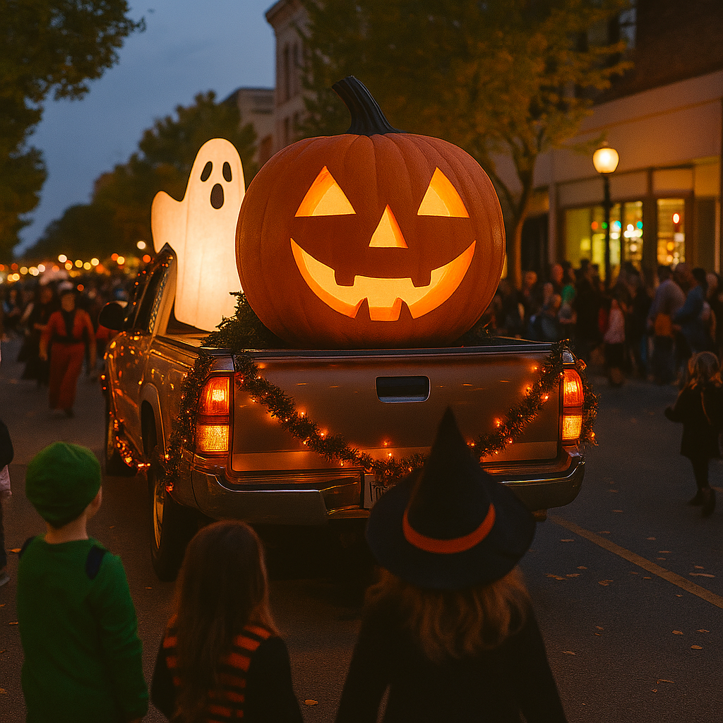 Halloween parade pickup truck decorated with a giant glowing jack-o’-lantern and ghost, surrounded by people in costumes on a lit street.