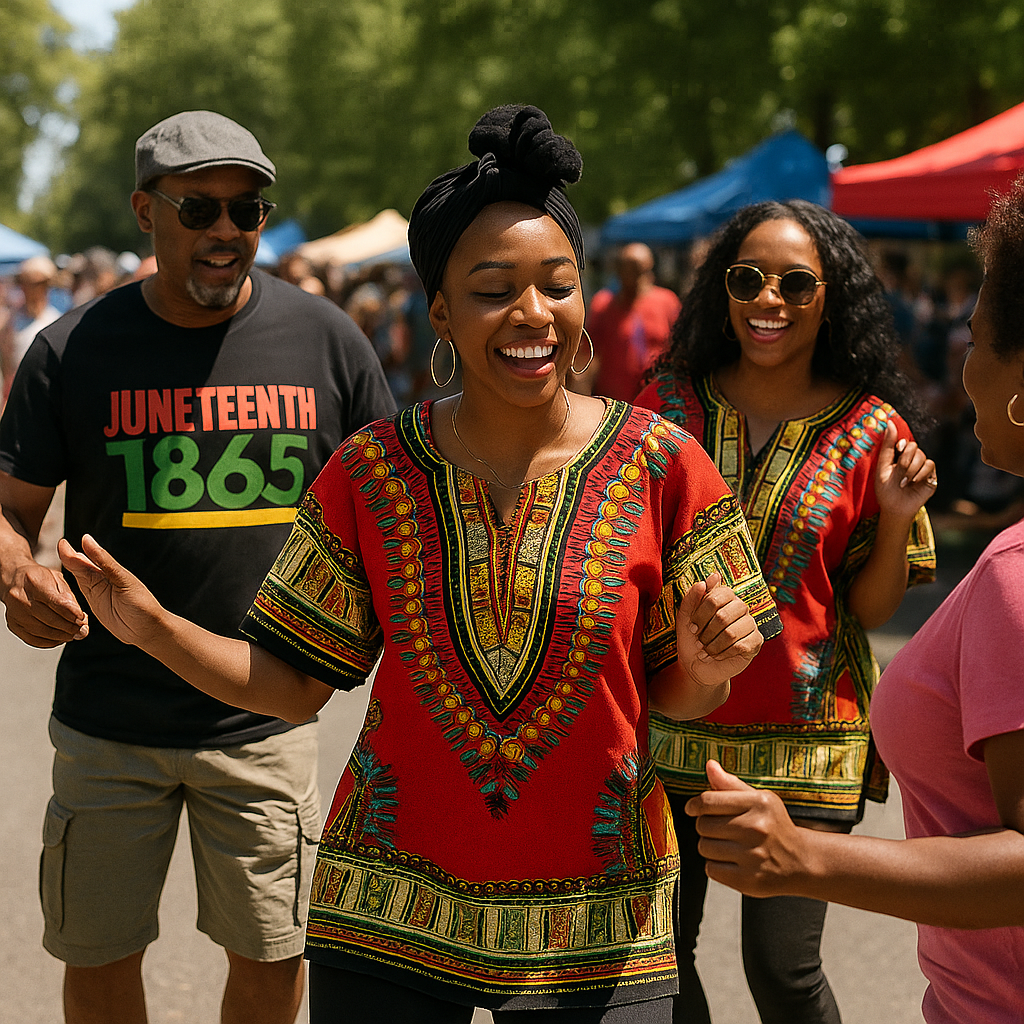 People dancing at an outdoor festival, two women in red and gold dashikis and a man in a black “Juneteenth 1865” shirt.