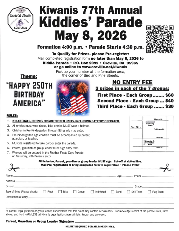 Kiwanis Club of Oroville 77th Annual Kiddies’ Parade flyer for May 8, 2026, featuring parade start time, participation details, theme “Happy 250th Birthday America,” prize information, rules, and registration form for youth entries in Downtown Oroville.