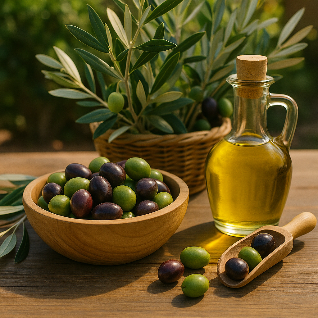 Wooden table with a bowl of green and purple olives, a glass bottle of olive oil, and a wicker basket with olive branches.