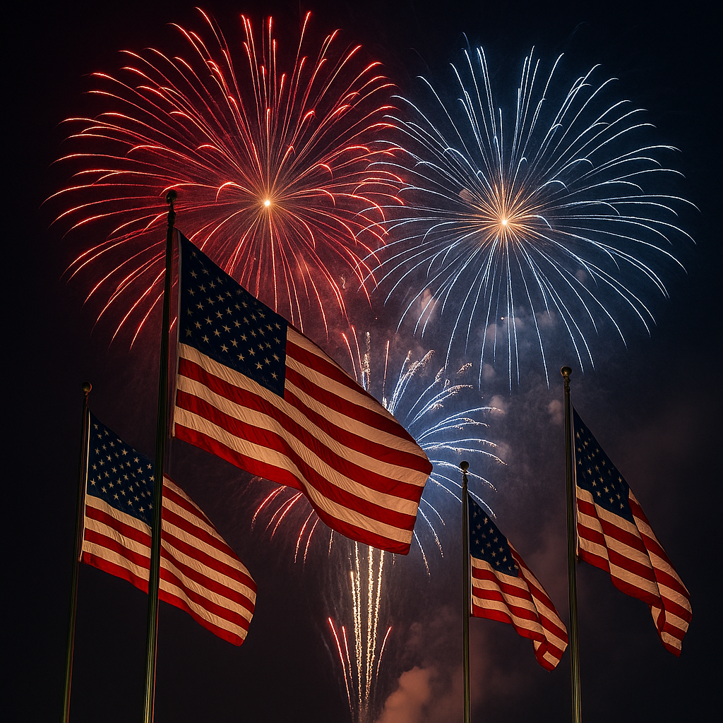 Fourth of July fireworks bursting in the night sky above American flags in Oroville, representing the community’s annual Independence Day fireworks celebration.
