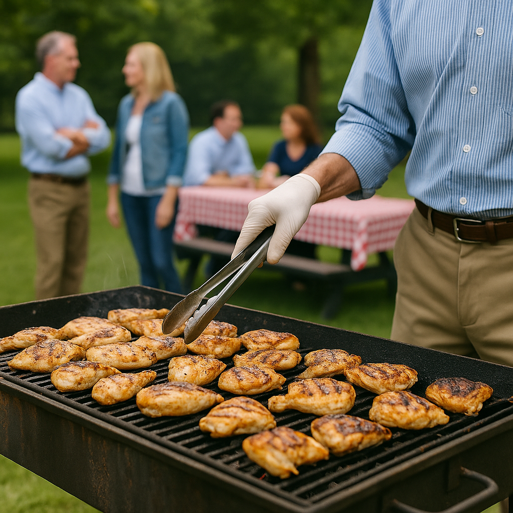 A person grilling multiple pieces of barbecued chicken on an outdoor grill, with people chatting near picnic tables in the background.