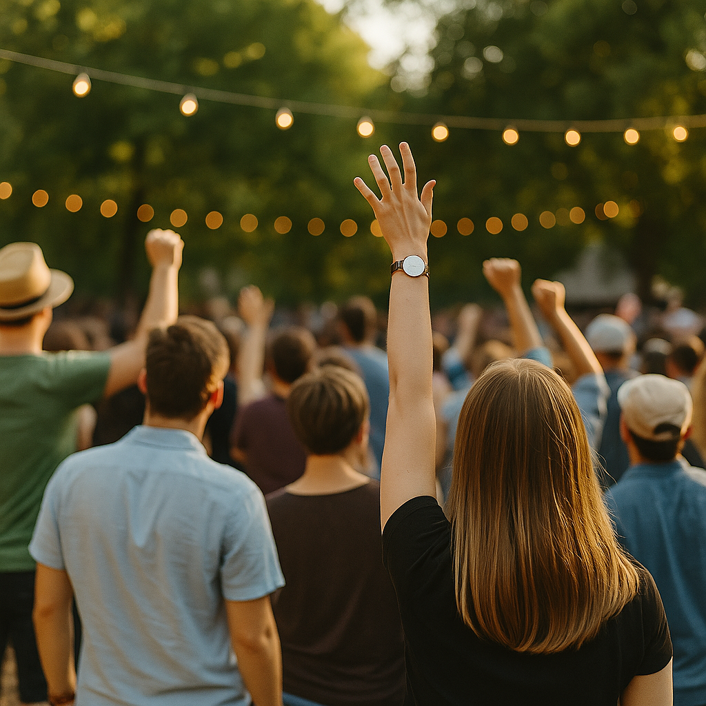 A crowd of people outdoors with their hands raised toward a stage, surrounded by hanging string lights and leafy trees.