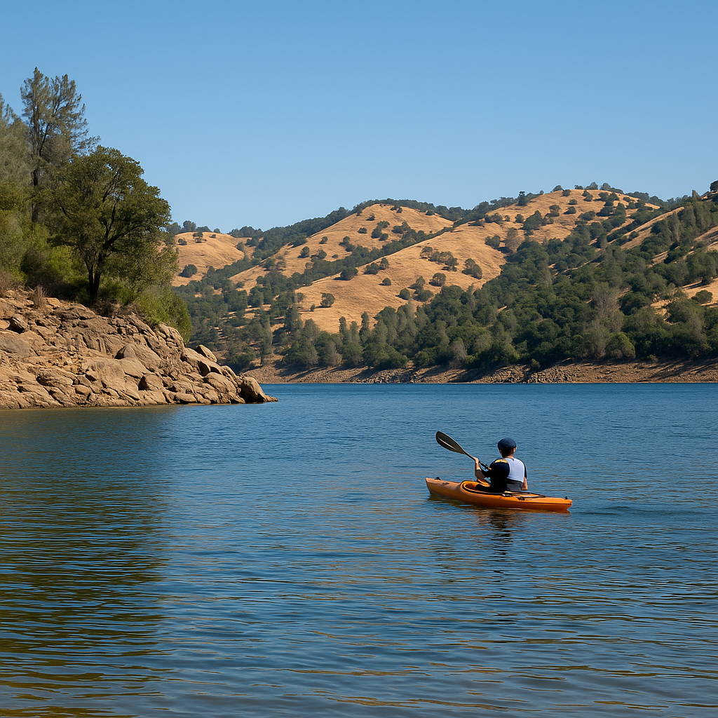 A kayaker paddling on a calm blue lake surrounded by rocky shores and golden hills dotted with trees under a clear sky.