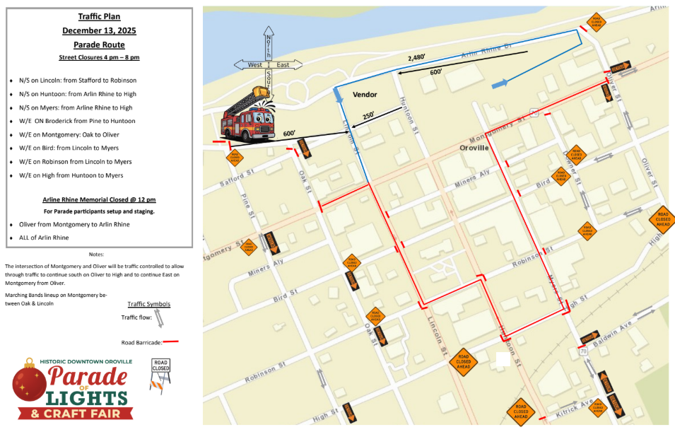 Map of the 2026 Parade of Lights & Craft Fair route in Downtown Oroville. The parade staging area begins on Arlin Rhine Memorial Drive, with the parade starting near Montgomery and Huntoon Streets. The route travels south on Huntoon, west on Bird Street, north on Myers Street, and west on Montgomery Street before ending near the Oroville Convention Center. Blue circles on the map indicate street barricades. Gray star icons mark portable toilet locations. Labels show float check-in at Montgomery and Oliver Streets, the marching band lineup area, and the parade start and announcements location.