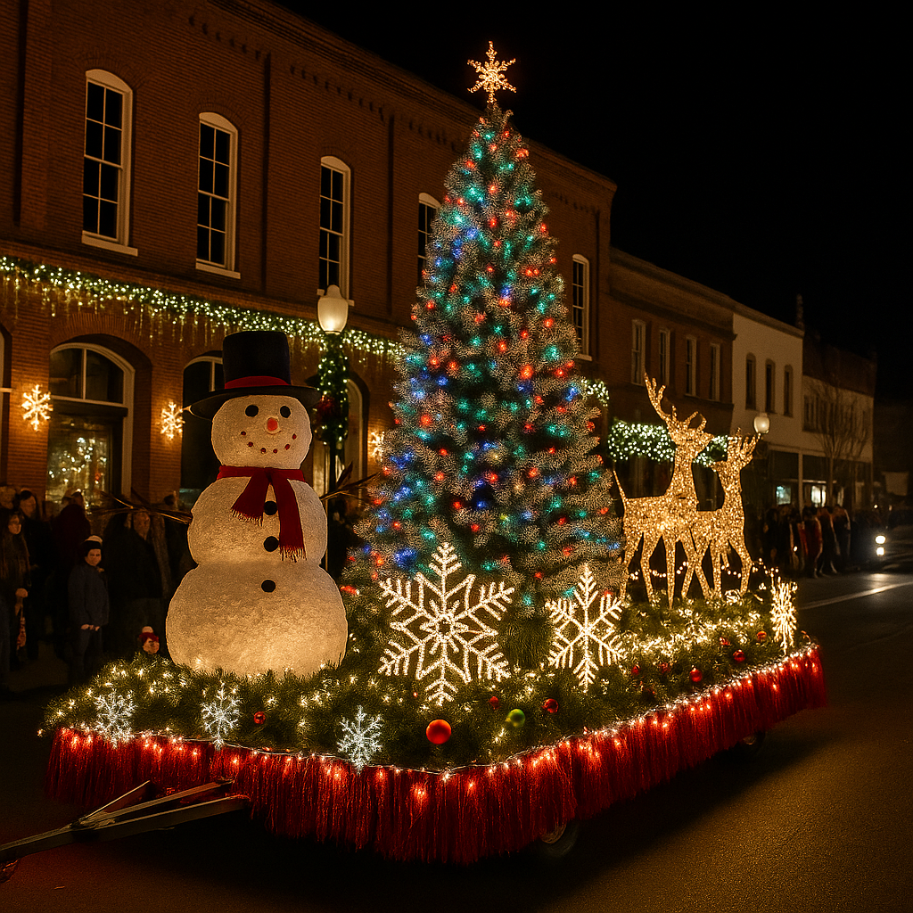 A brightly lit holiday parade float with a decorated Christmas tree and festive lights traveling through Historic Downtown Oroville during the Parade of Lights & Craft Fair.
