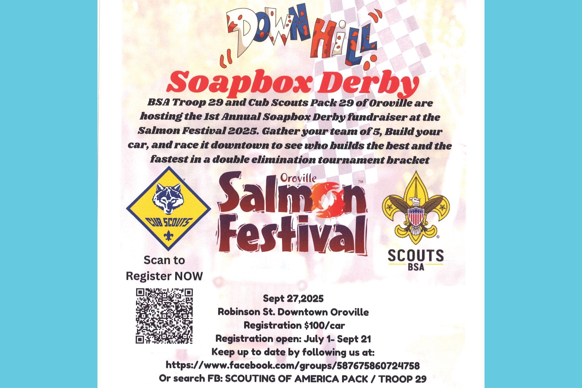 Soap Box Derby flyer for the Salmon Festival, hosted by BSA Troop 29 and Cub Scouts Pack 29, featuring checkered race graphics and event details for September 27, 2025.