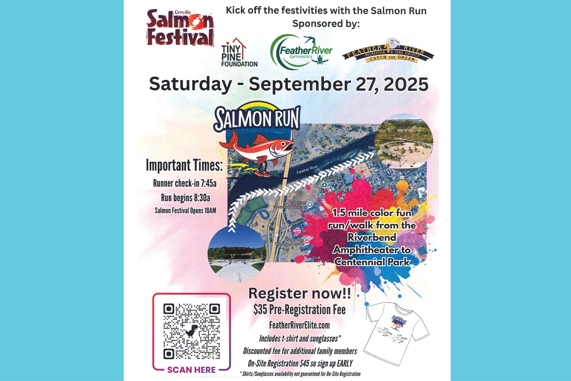 Flyer for the Salmon Run, a 1.5-mile color fun run/walk from Riverbend Amphitheater to Centennial Park on September 27, 2025, with colorful splashes and map route.
