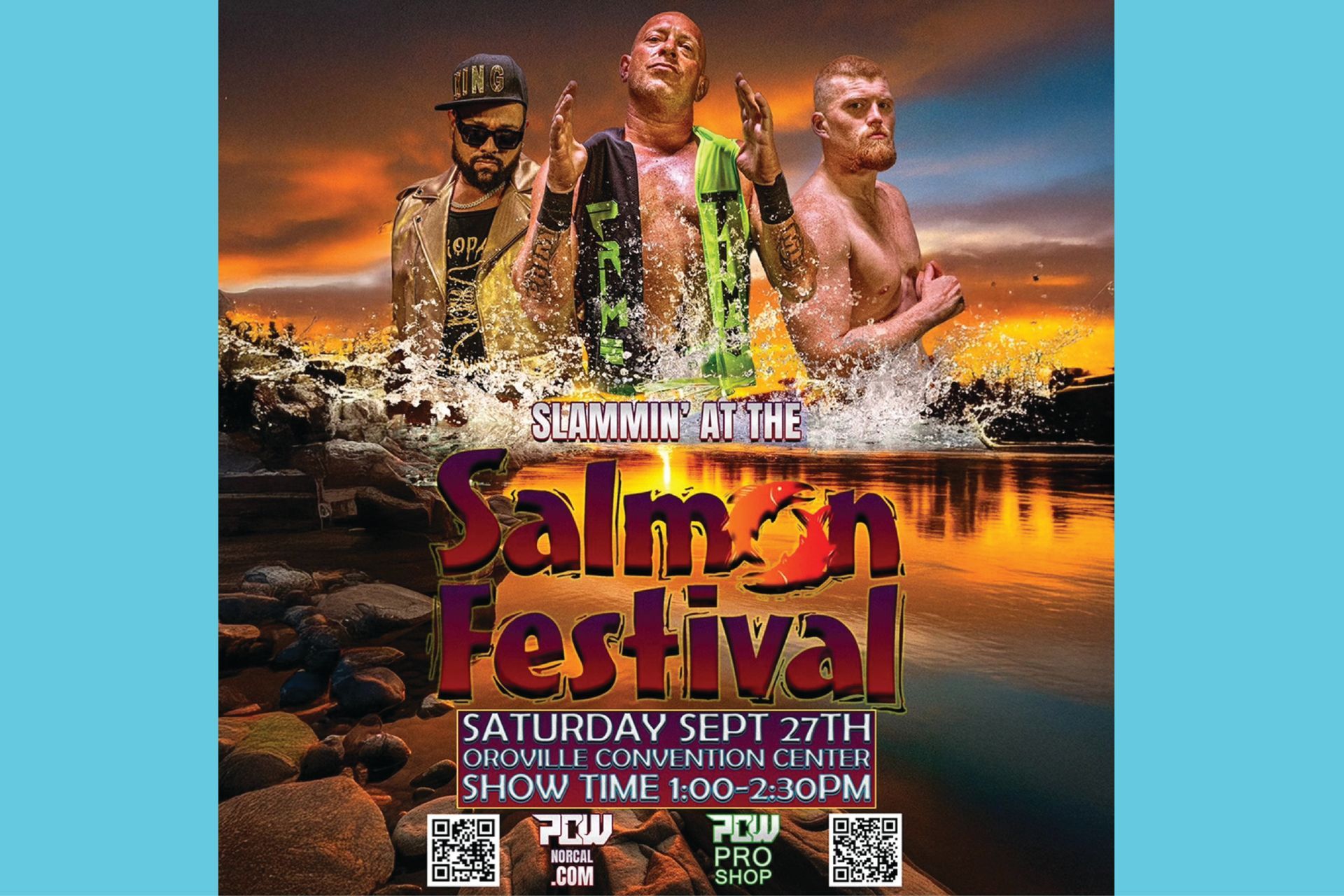 Promotional flyer for Slammin’ at the Salmon Festival featuring PCW Wrestling, with three wrestlers posed in front of a dramatic sunset and water splash background.