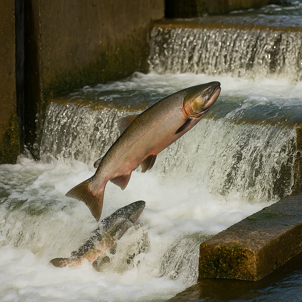 Chinook salmon leaping upstream at the Feather River Fish Hatchery in Oroville, representing the annual Salmon Festival and the return of salmon to the river.