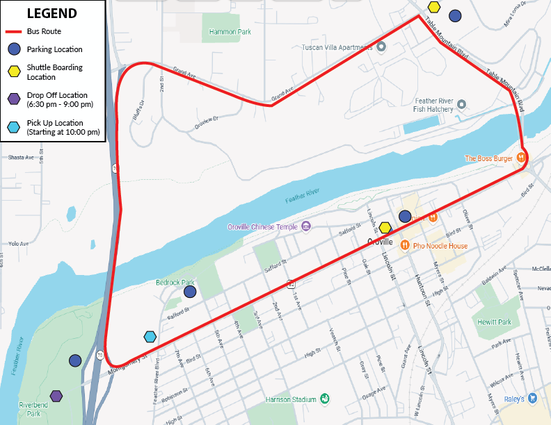 Map showing shuttle service routes and parking locations for the Oroville Fourth of July Celebration. The map identifies shuttle parking at Riverbend Park, Bedrock Park, Parking Lot A, and the County Parking Lot. Shuttle boarding locations are shown at Kingdom Community Church and East Grand Avenue behind 7-Eleven. The map also highlights the shuttle drop-off location inside Riverbend Park from 6:30 PM to 9:00 PM and the post-event pick-up location near A Bright Starr Preschool beginning at 10:00 PM. A red line illustrates the shuttle route connecting all locations.