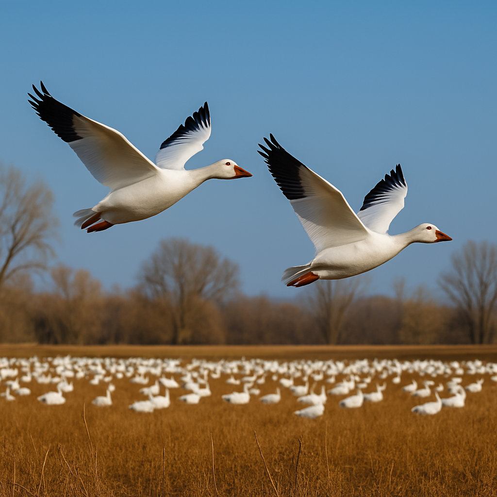 Two snow geese in mid-flight above a large flock resting in a golden field, with bare trees and a clear blue sky in the background.