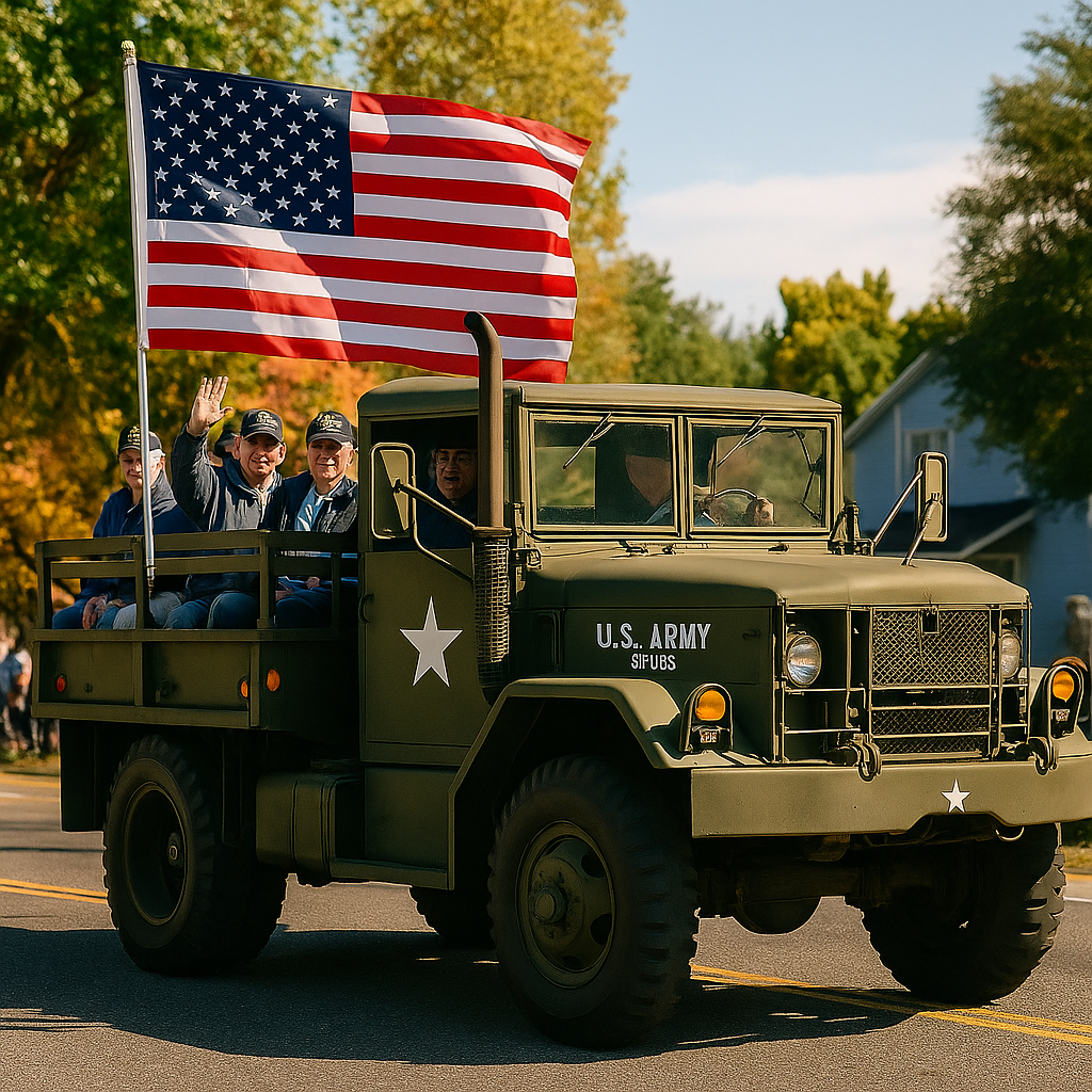 Vintage U.S. Army green truck carrying smiling veterans waving beneath a large American flag, with autumn trees in the background.