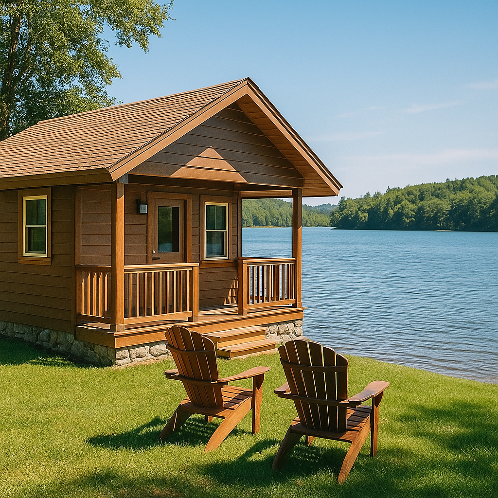 A small wooden lakeside cabin with a covered porch, two Adirondack chairs on a grassy shore, and calm blue water in the background under a clear sky.