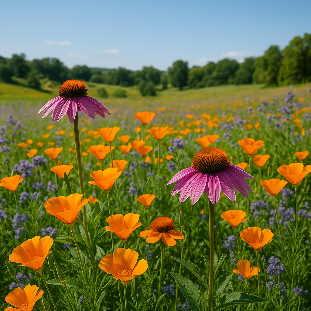 Meadow of blooming orange California poppies, purple flowers, and pink coneflowers under a clear blue sky.