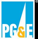 The logo for pg & e is blue and white with a yellow arrow.