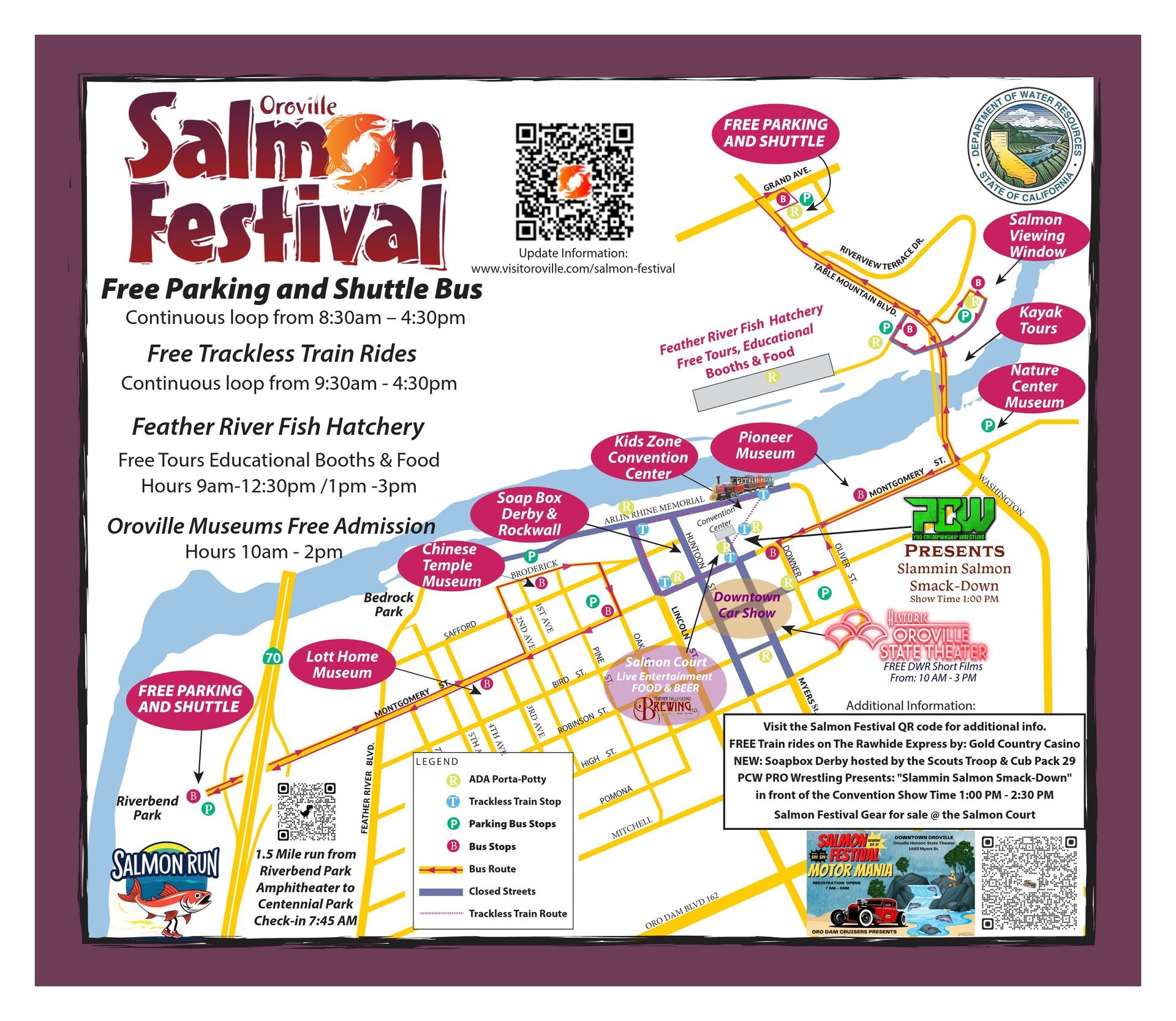 Colorful illustrated map of the 2025 Oroville Salmon Festival showing Downtown Oroville and the Feather River Fish Hatchery. The map highlights event locations including Salmon Court (food and beer garden), Downtown Car Show, Kids Zone at the Convention Center, Soap Box Derby, Slammin’ Salmon Wrestling, Oroville State Theater, Feather River Fish Hatchery tours, kayak tours, and local museums. Shuttle bus routes, stops, and free parking areas are marked, along with the trackless train loop through downtown.