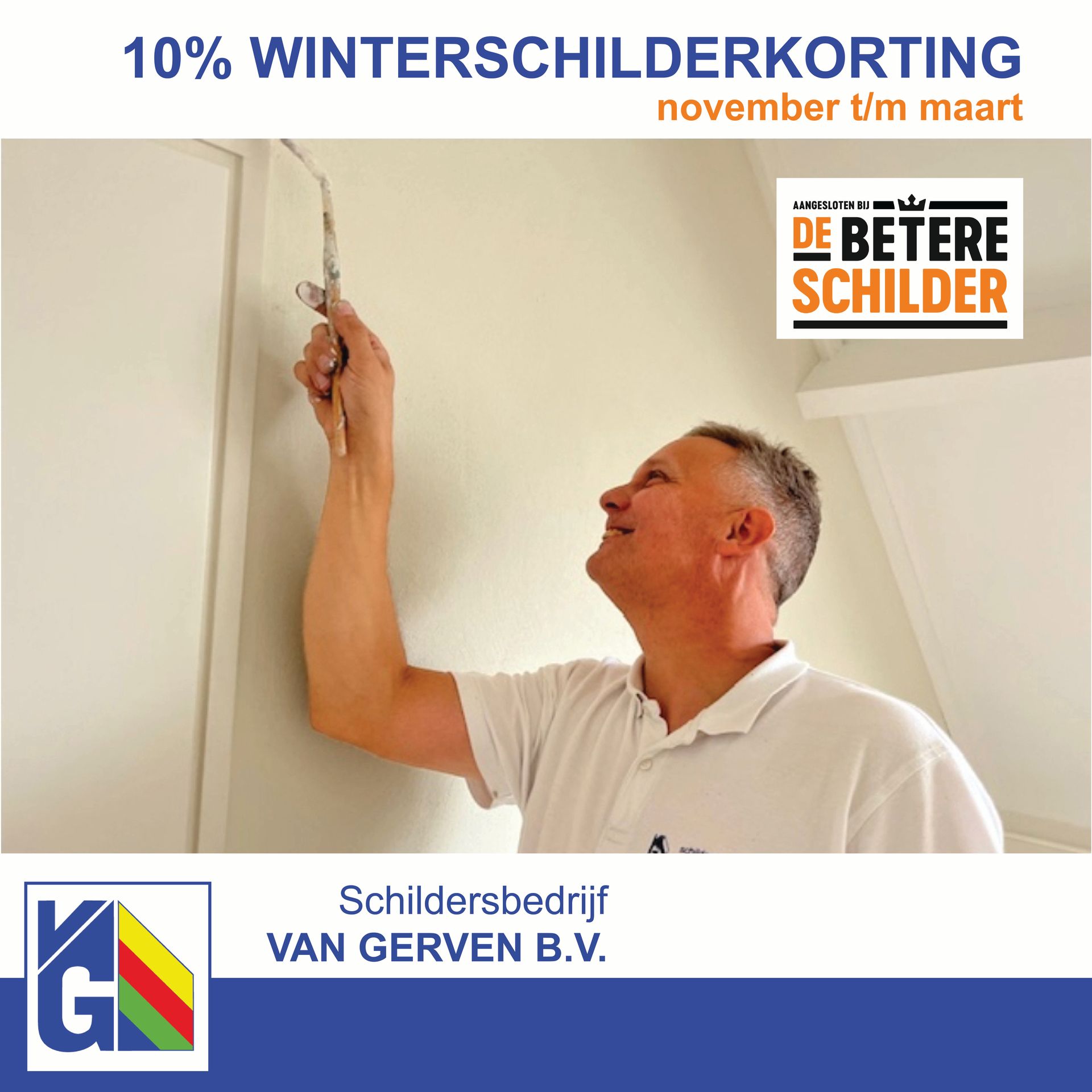 Man schildert kozijnen, met 5% winterkorting van november tot en met maart. 
