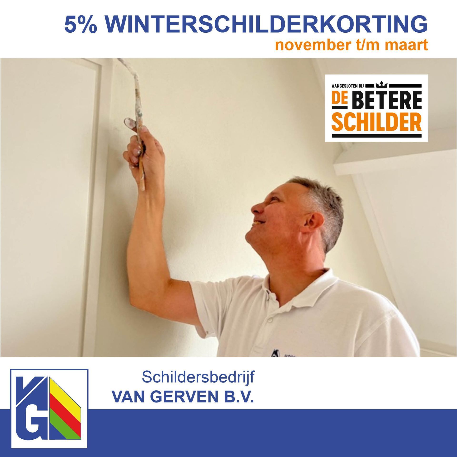 Man schildert kozijnen, met 5% winterkorting van november tot en met maart. 