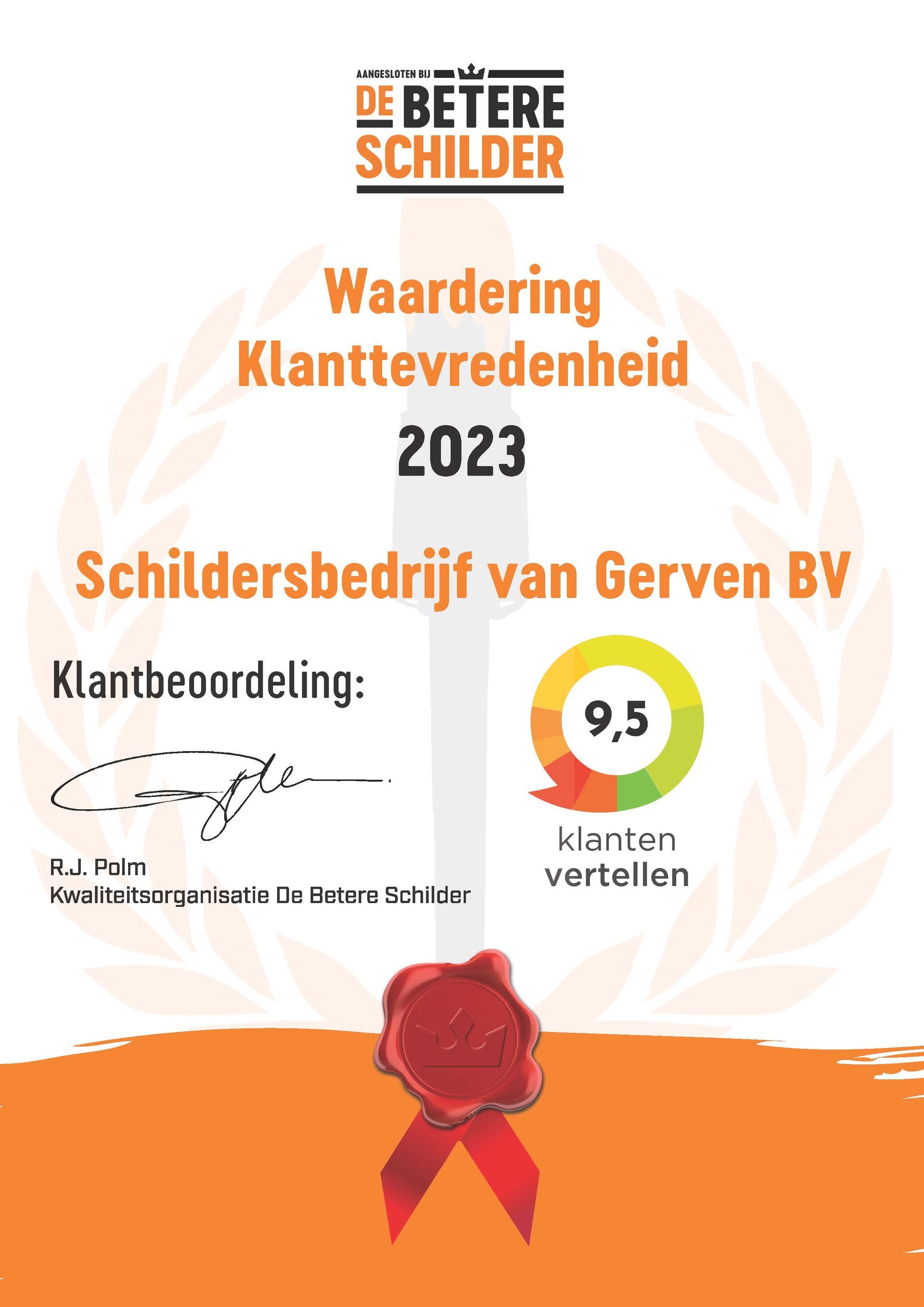 Certificate for Schildersbedrijf van Gerven BV, awarded in 2023, showing a customer satisfaction rating of 9.5.