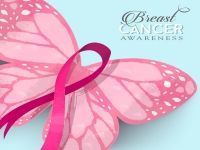A pink butterfly with a pink ribbon on its wings for breast cancer awareness.