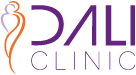 A purple and orange logo for dali clinic with a silhouette of a woman.
