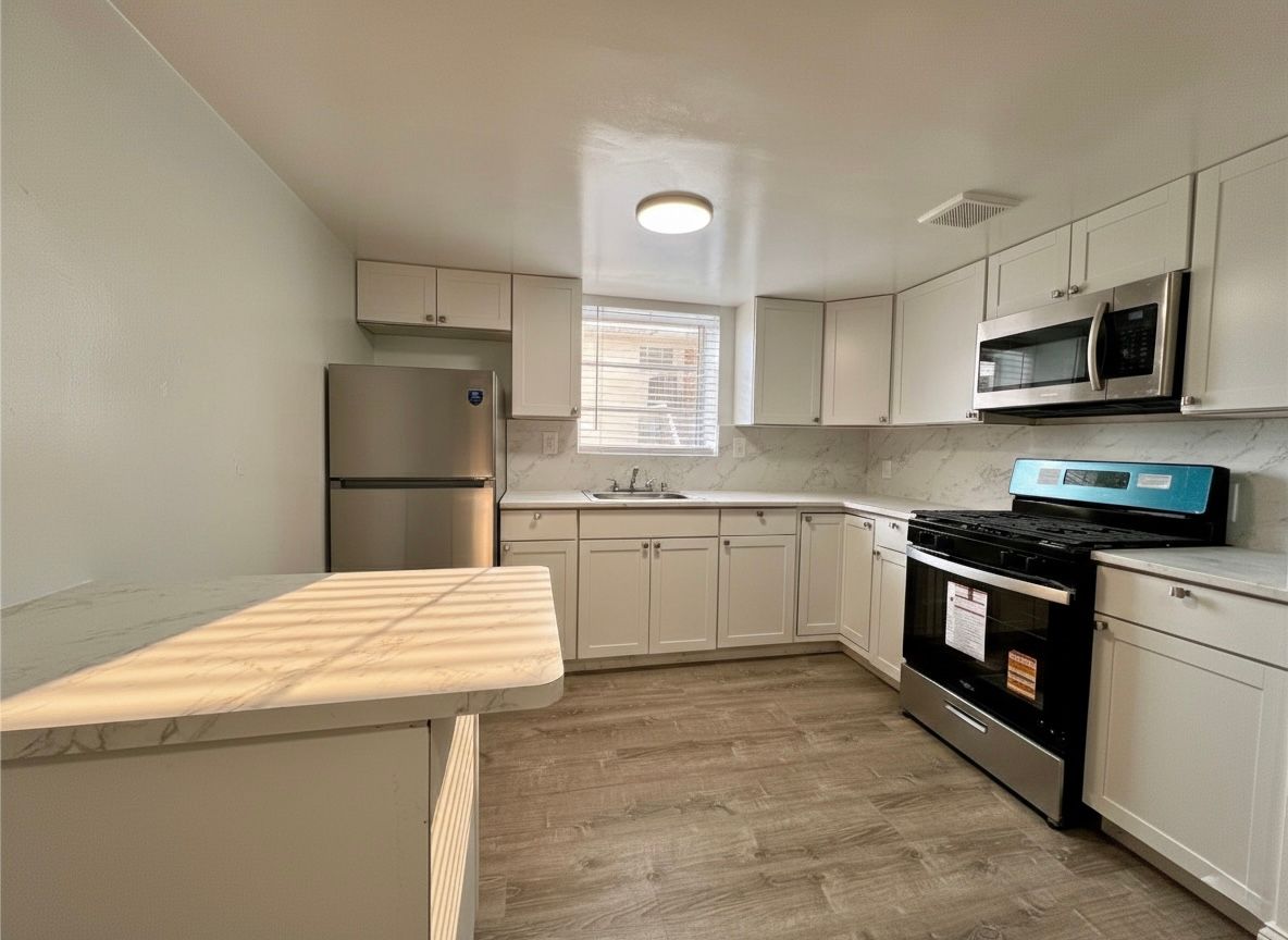 A modern kitchen featuring white cabinets, stainless steel appliances, a grey wood-look floor, and a small breakfast bar.